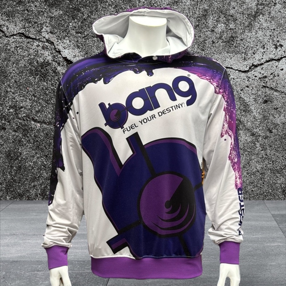 Bang Energy Drink Fuel Your Destiny White Purple Full Graphic Sweatshirt Hoodie